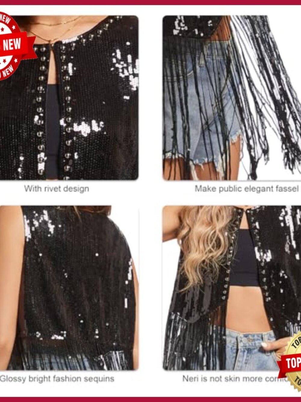 Sequin Fringe Vest Sleeveless Open Front Tassel Jacket Party Top - Picture 5 of 5
